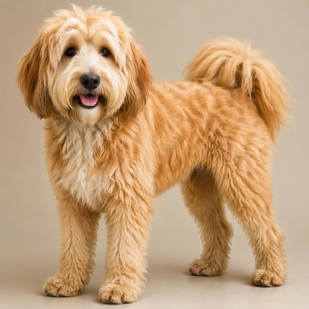 Ein einzelner freundlicher Hund als realistische Illustration vor weichem neutralem Hintergrund, mit detailreichem Fell.