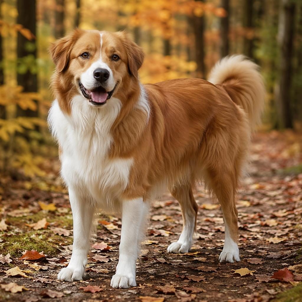 Ein einzelner junger Hundemix mit dichtem Fell im Herbstwald, freundlich entspannt, fotorealistisch und scharf