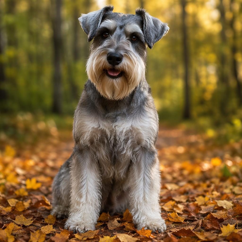 Ein einzelner, freundlicher Hund im Editorial-Porträt in einem Herbstwald, mit weichem Licht und detailreichem Fell.
