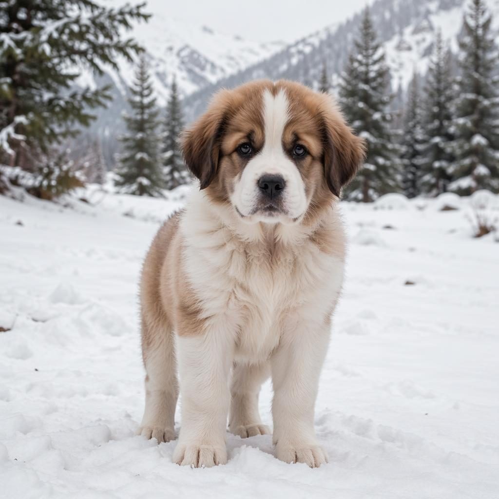 Photoreal puppy resembling an American bully and pitbull mix standing in a snowy landscape, relaxed and fluffy.