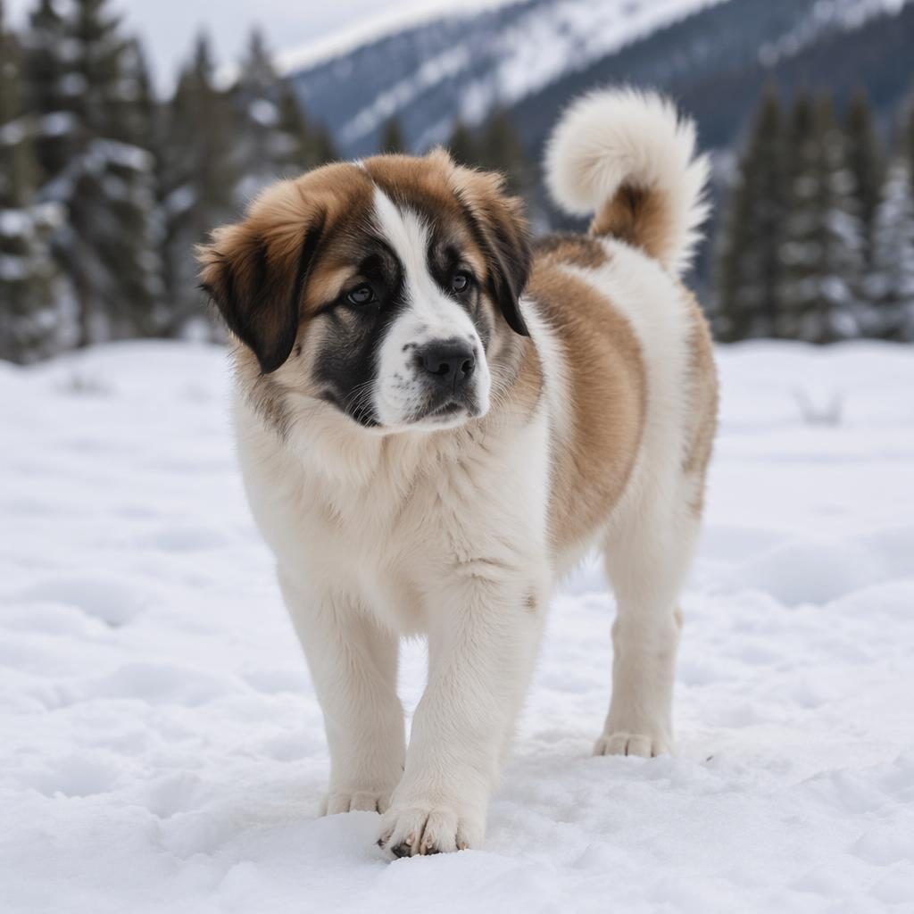 Photo-real puppy resembling a Chinese crested chihuahua mix standing in a snowy landscape with soft natural light