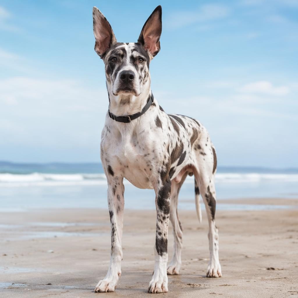 Editorial beach portrait of a single great dane chihuahua mix dog with unusual coat, relaxed expression and soft light.