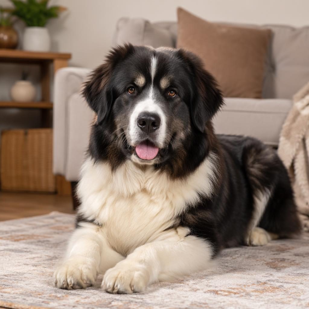 Realistic siberpoo hybrid dog standing in a cosy living room with soft light, fluffy coat, relaxed expression and sharp fur detail.