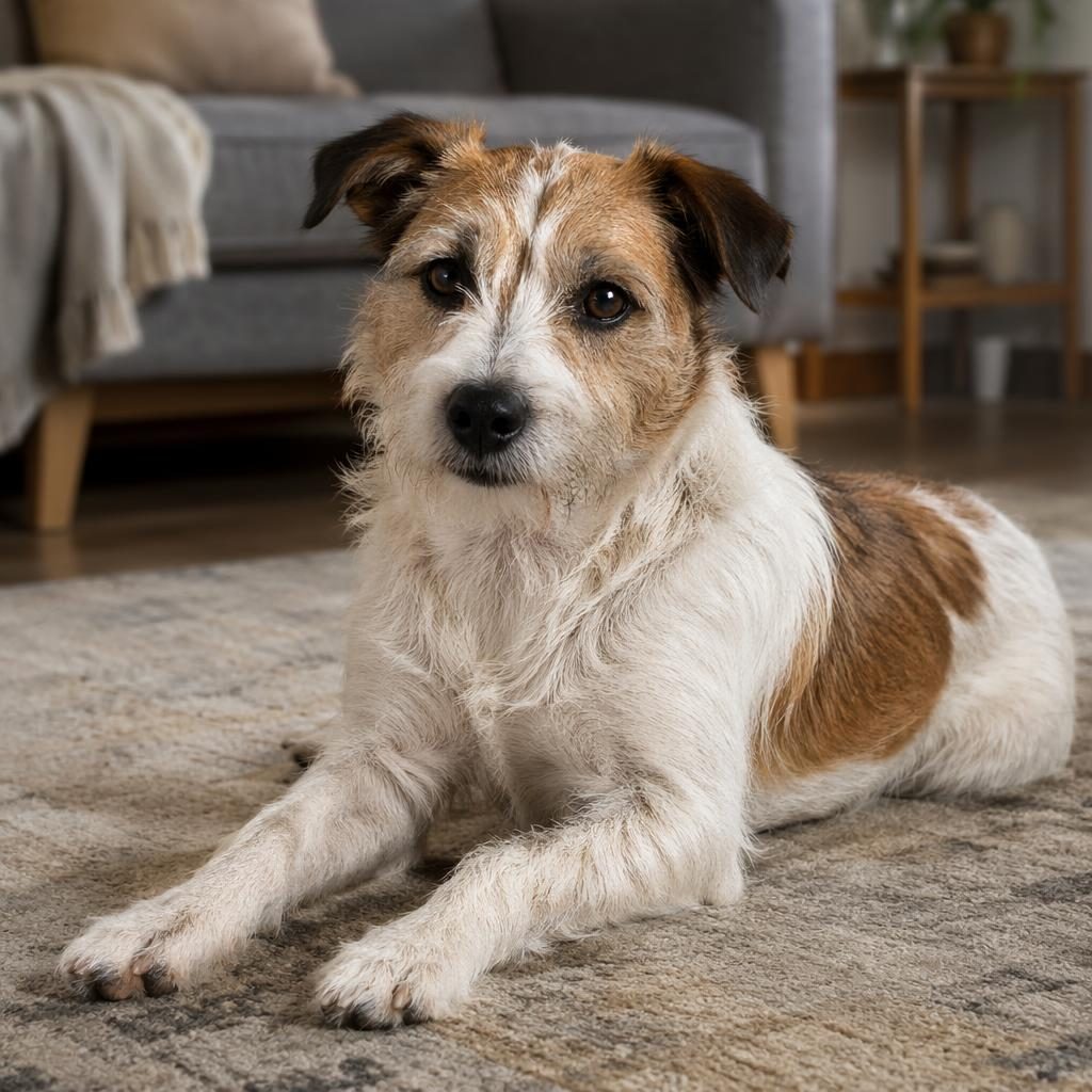 Photo-real illustration of a single shih tzu jack russell mix dog relaxing in a cozy living room with soft light