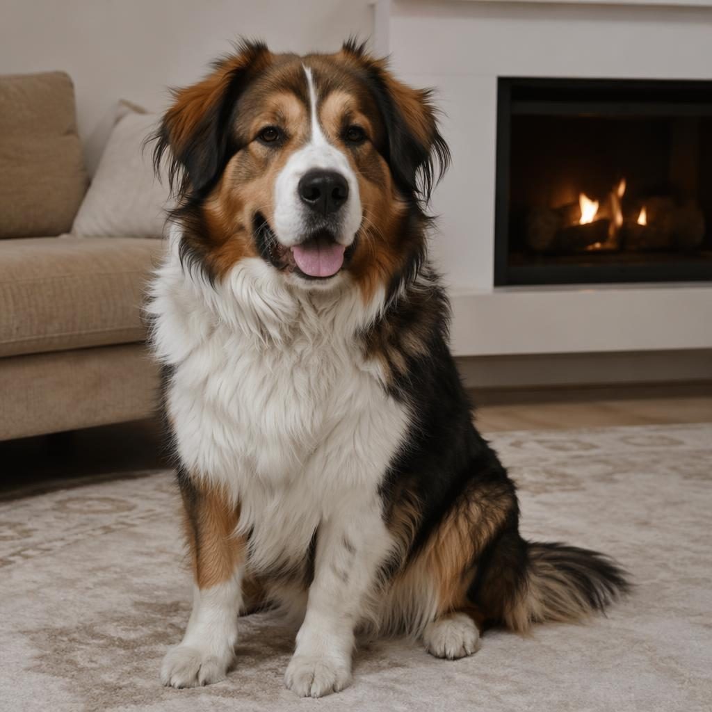 Ein einzelner senioriger Hund als Yorkshire-Terrier-Berner-Sennenhund-Mix im gemütlichen Wohnzimmer, entspannt und gepflegt.