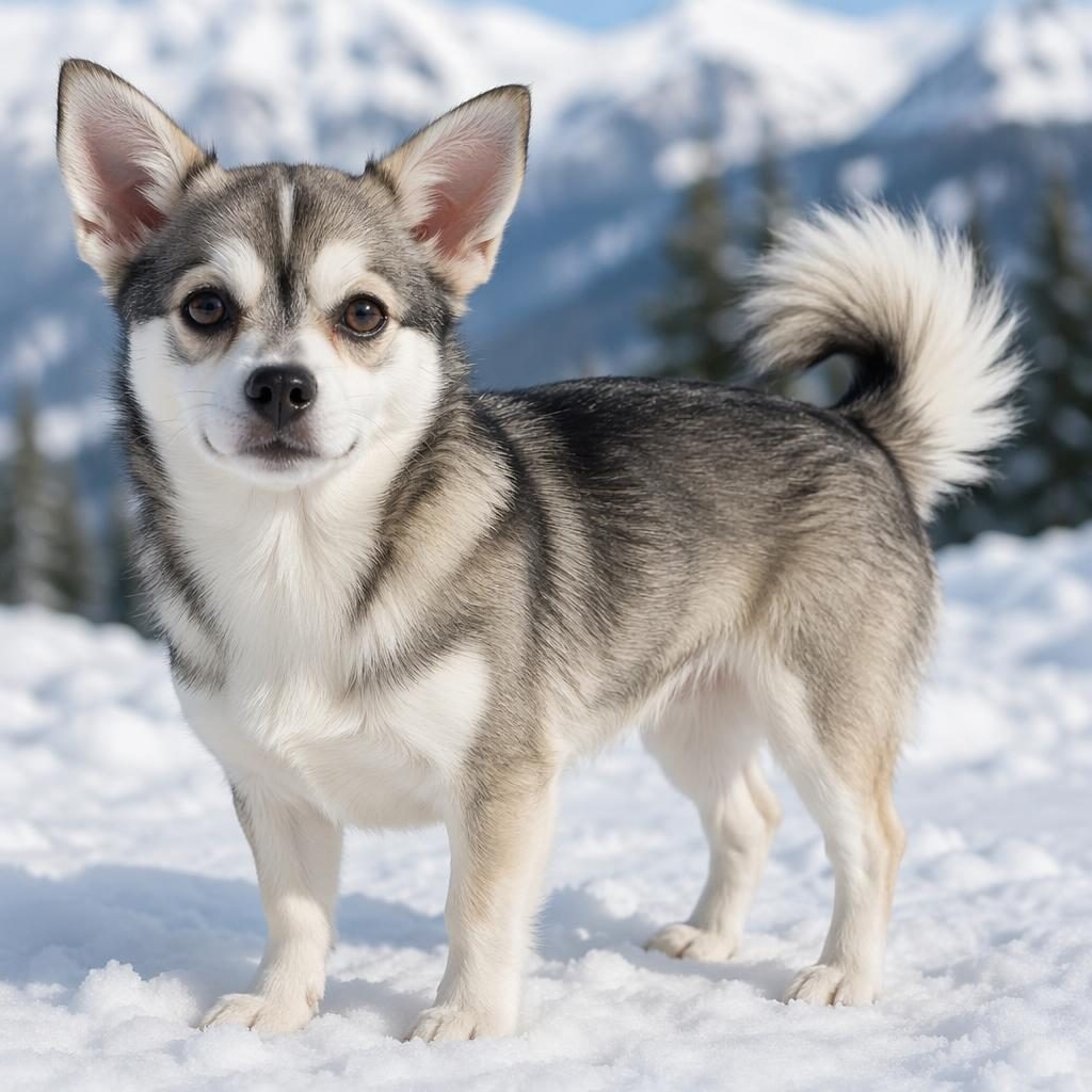 Photo-real chihuahua x husky puppy standing in a snowy landscape, relaxed, fluffy coat, soft natural light