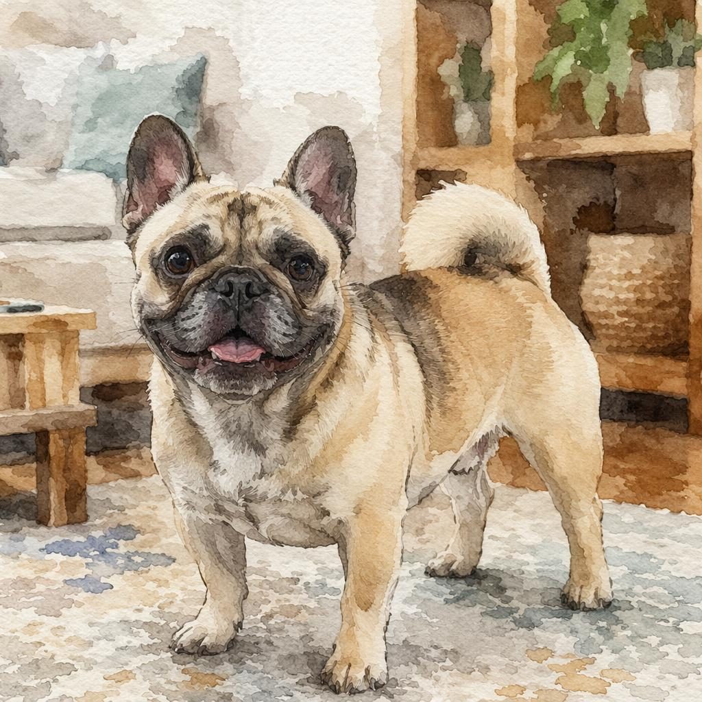 Watercolor-style portrait of a senior frenchie and pug mix resting in a cozy living room with soft natural light.