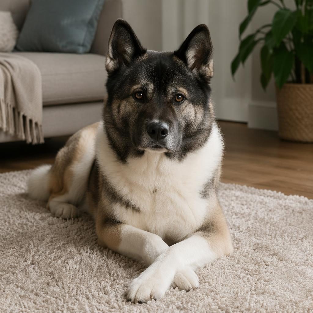 Fotorealistischer Designer Hund, Senior als Samojede-Boston-Terrier-Mix, entspannt im gemütlichen Wohnzimmer