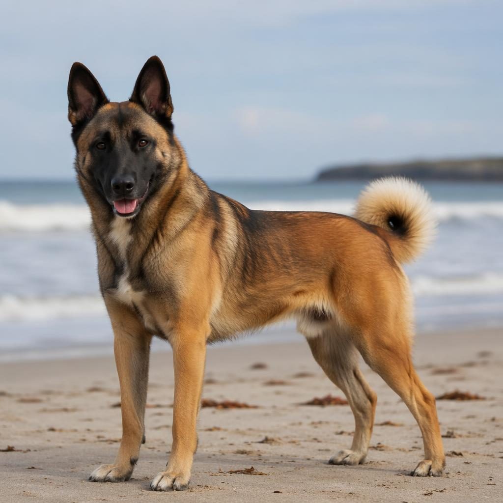 Ein einzelner Boxer-Chihuahua-Mix steht entspannt am Strand, mit seltener Fellfarbe, weichem Licht und scharfem Fokus.