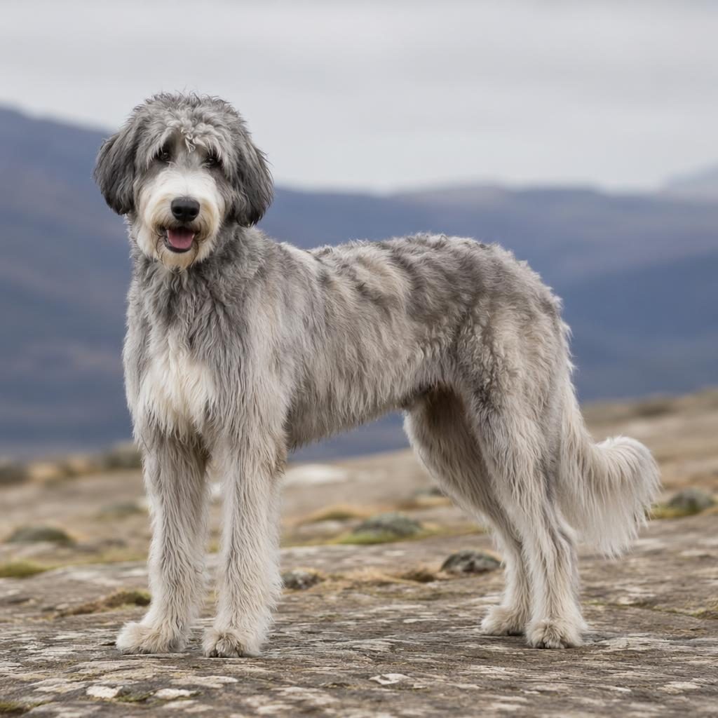 Single adult hybrid dog with dachshund and golden retriever traits, relaxed outdoors on a soft neutral background