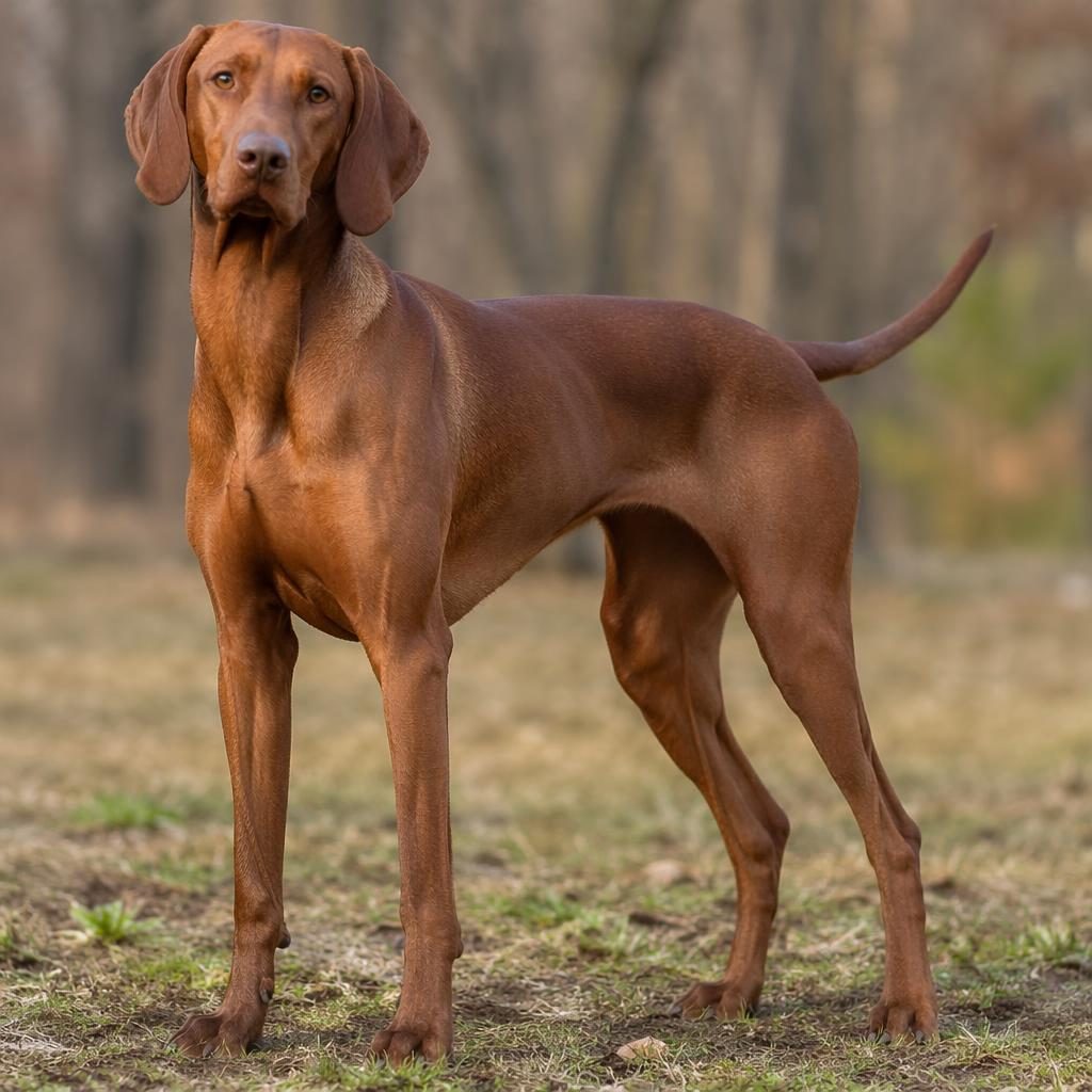 Ein einzelner erwachsener vizsla dobermann mix mit ungewöhnlicher Fellfarbe, entspannt im Freien vor neutralem Hintergrund.