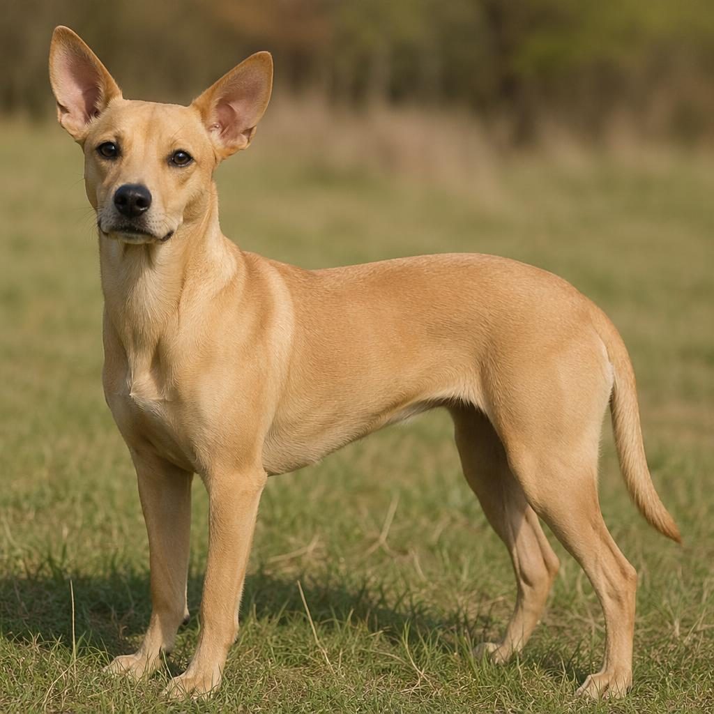 Realistic single hybrid dog in a grass meadow, with Chihuahua and Great Dane traits, soft light and sharp fur detail.