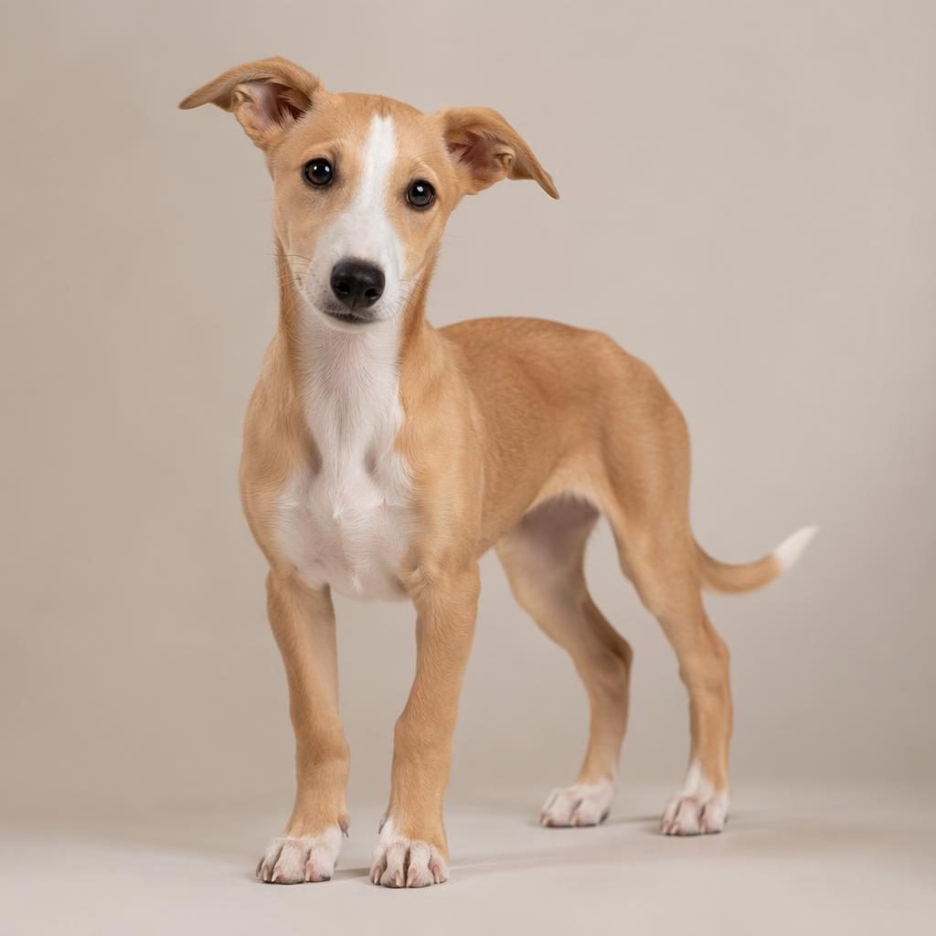 Editorial portrait of a single whippet cross puppy with realistic fur, relaxed expression, and soft neutral background.