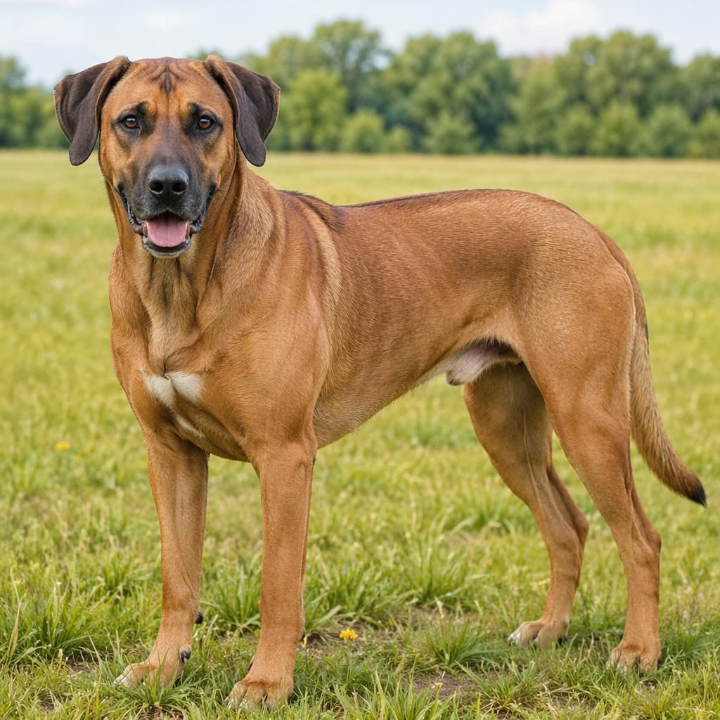 Photo-real illustration of a senior rhodesian ridgeback mix dog standing in a grass meadow with soft light