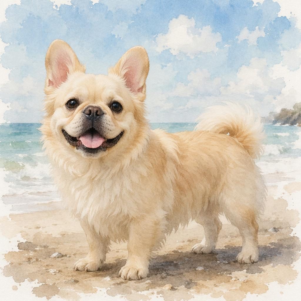 Single adult designer frenchie mix dog on a beach, watercolor style, relaxed expression, soft light, fluffy rare coat