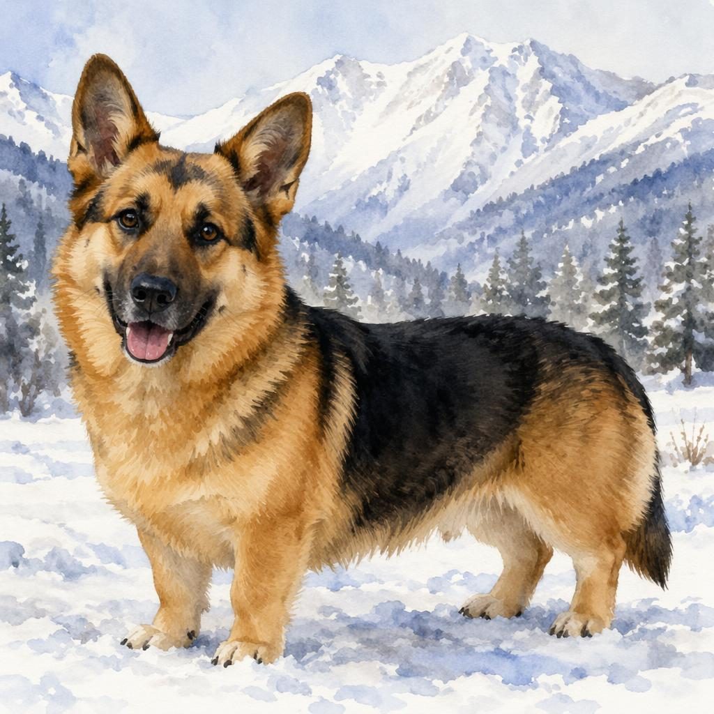 Single adult german corgi mixed-breed dog in watercolor style, standing in snow with a relaxed expression and soft fur detail