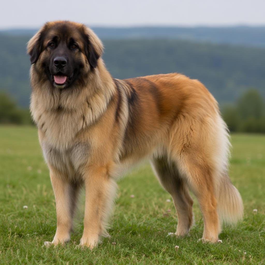 Ein einzelner junger leonberger mischling als fotorealistische Illustration auf einer grünen Wiese, entspannt und gepflegt.
