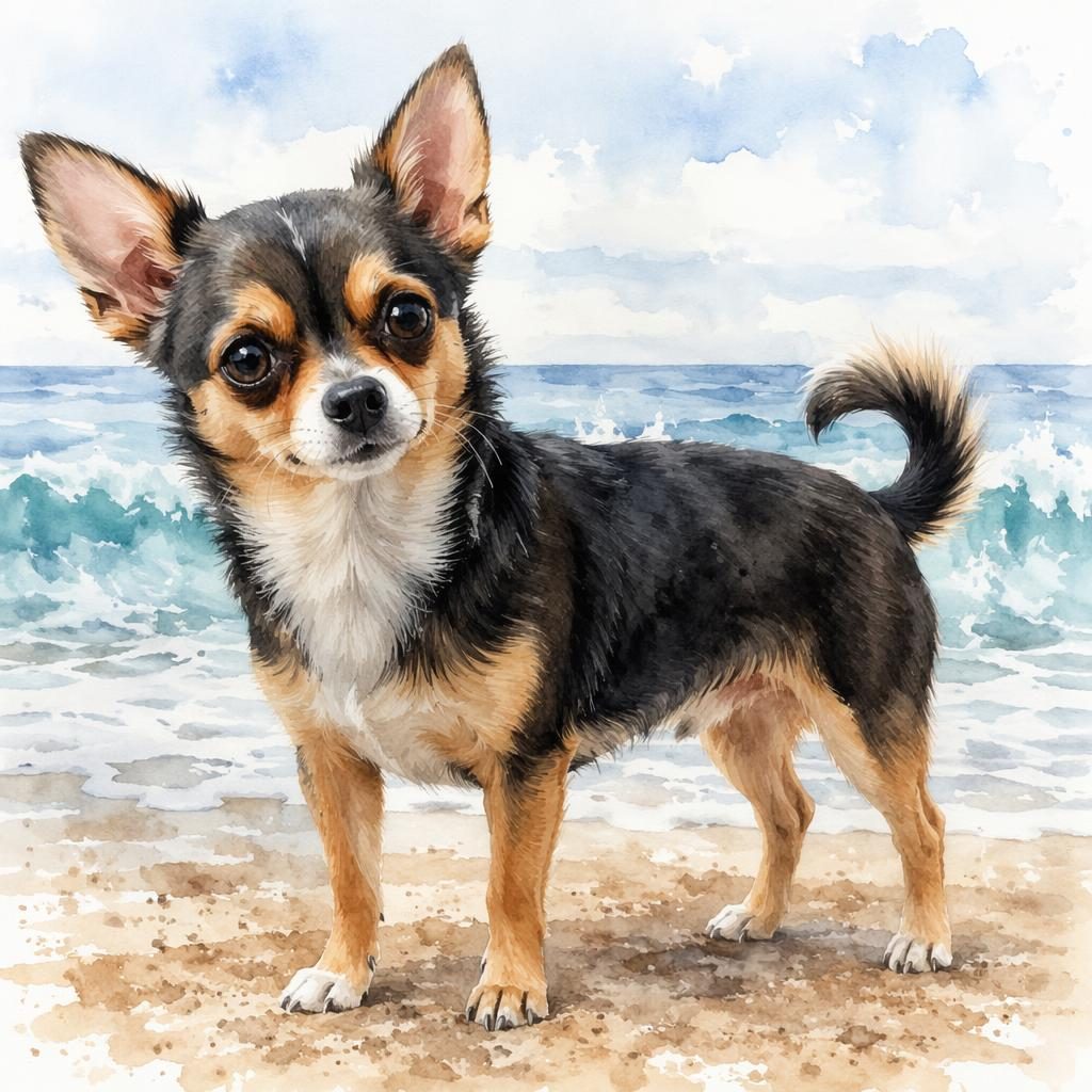 Watercolor-style portrait of a single relaxed adult mixed-breed dog on a beach with unusual coat coloring and soft light.