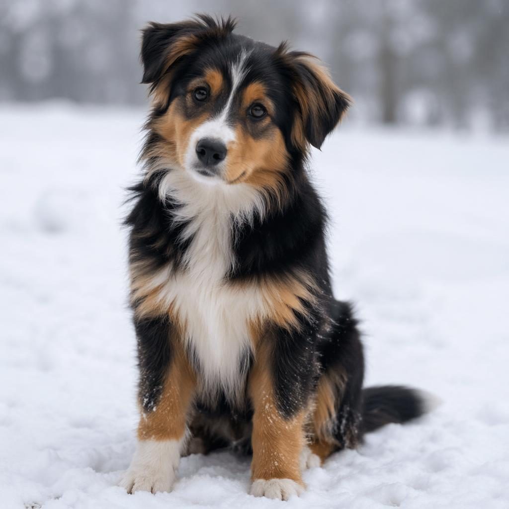 Fotorealistischer Yorkie-Bernersennen-Welpe allein im Schnee, freundlich, gepflegt, mit weichem Licht und scharfem Fell
