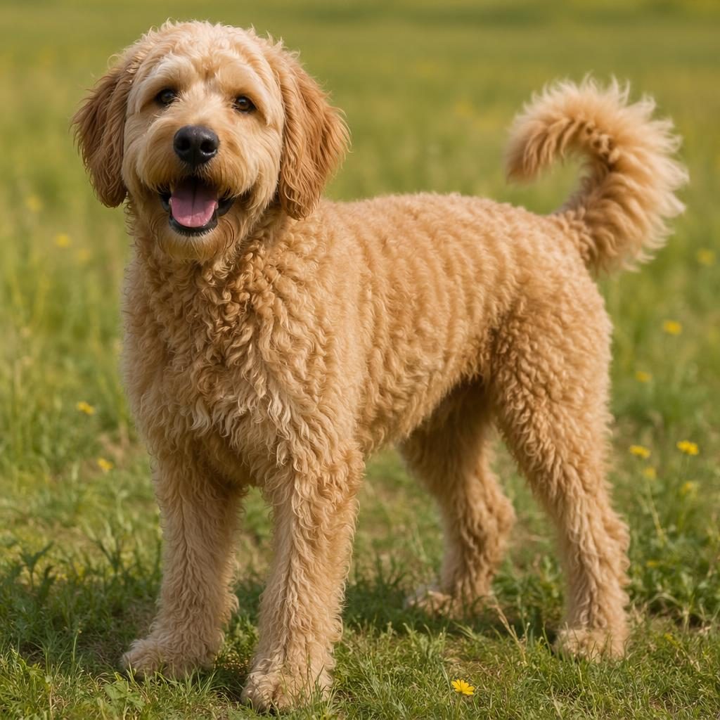 Chien senior type caniche labradoodle, seul dans une prairie, pelage mêlé, lumière douce, expression calme.
