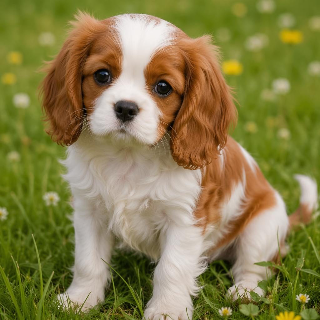 Illustrated senior mixed-breed dog standing in a grass meadow with soft light, realistic fur, relaxed expression, and sharp focus.