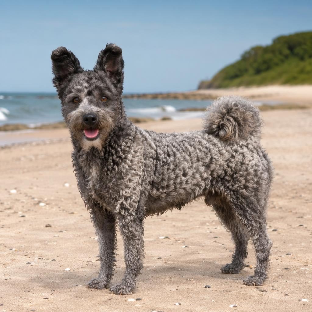 Ein einzelner, freundlicher Mischlingshund im Studio am Strand, mit seltener Fellfarbe, entspanntem Blick und scharfem Fell