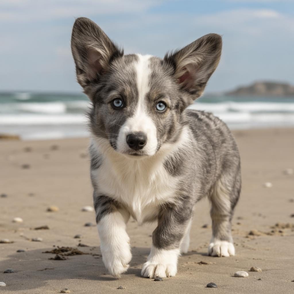 Photo-real illustration of a friendly border corgi puppy standing on a beach in soft natural light