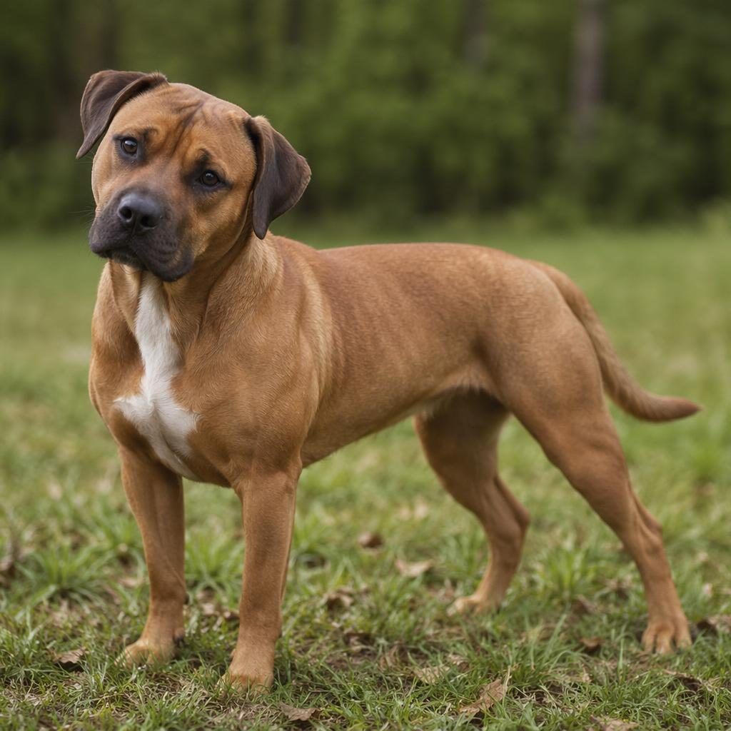 Single staffy x ridgeback style mixed dog standing in a grass meadow, relaxed expression, soft light, realistic fur