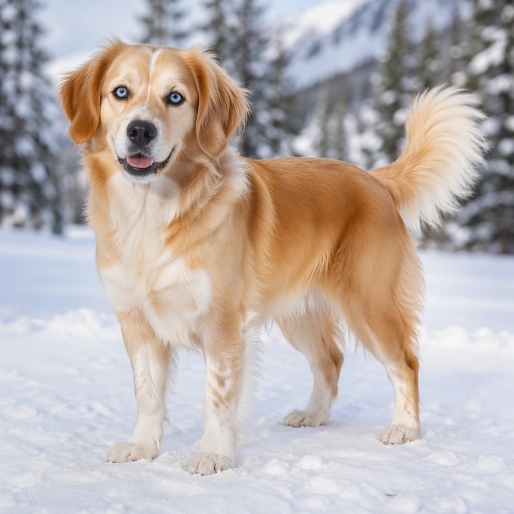 Editorial portrait of a friendly adult cocker beagle mix with unusual golden coat, standing alone in a snowy landscape.