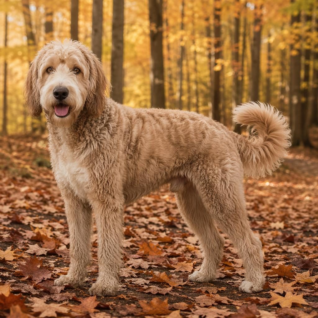 Photo-real illustration of a single friendly young adult Saint Bernard and Pug mix dog in an autumn forest.