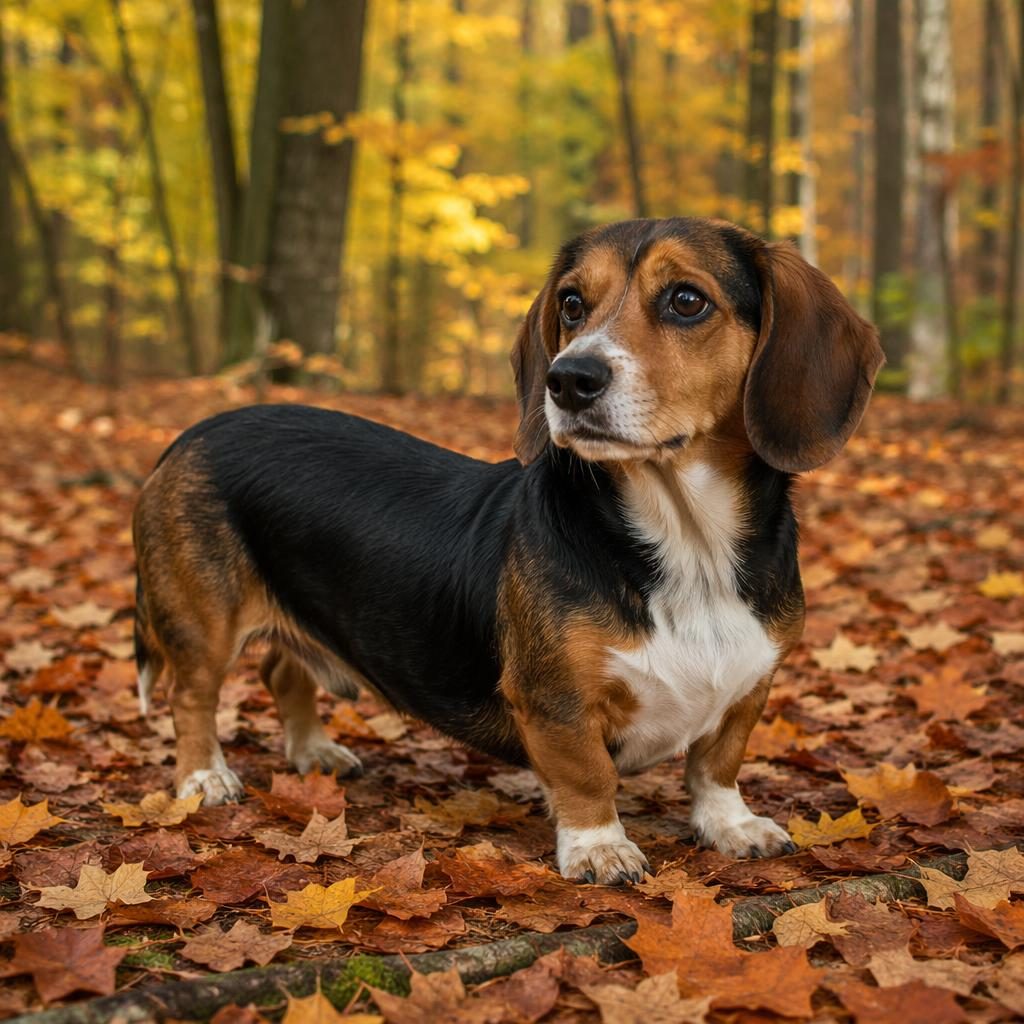 Ein einzelner Beagle-Dackel-Mix als junge erwachsene Illustration im Herbstwald, entspannt, mit natürlichem Licht.