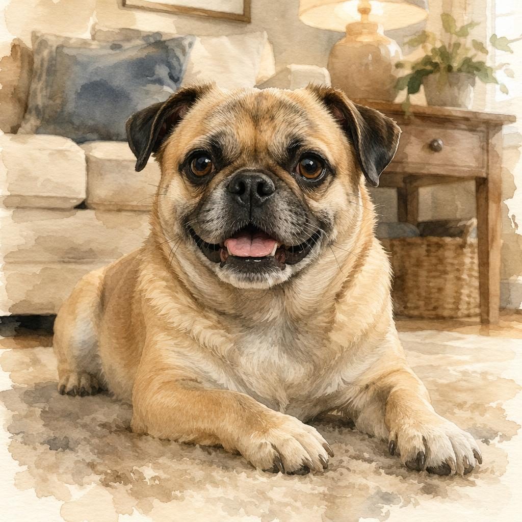 Watercolor-style portrait of a senior mixed-breed dog resting in a cozy living room with soft light and detailed fur.