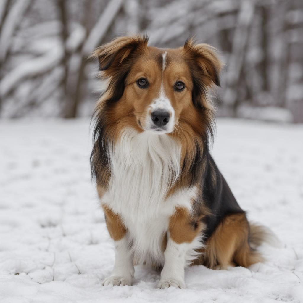 Single friendly collie spaniel cross dog standing in a snowy landscape, soft natural light, sharp fur detail