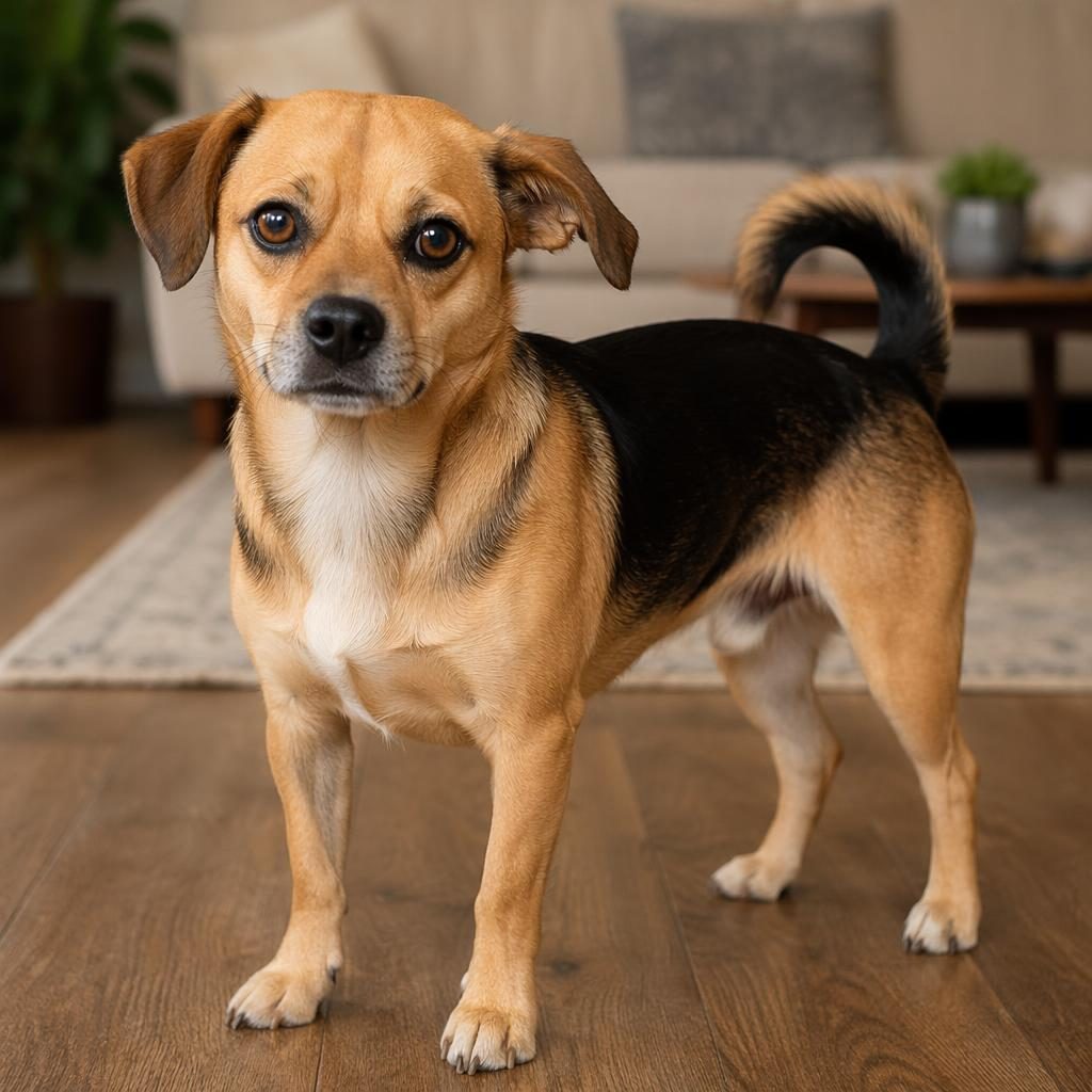 Studio-style photo of a single young adult beagle chihuahua mix dog resting in a cozy living room with soft light.
