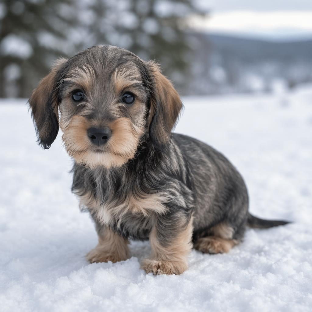 Photo-real illustration of a friendly puppy-like hybrid dog in snow with soft light, realistic fur, and relaxed posture.