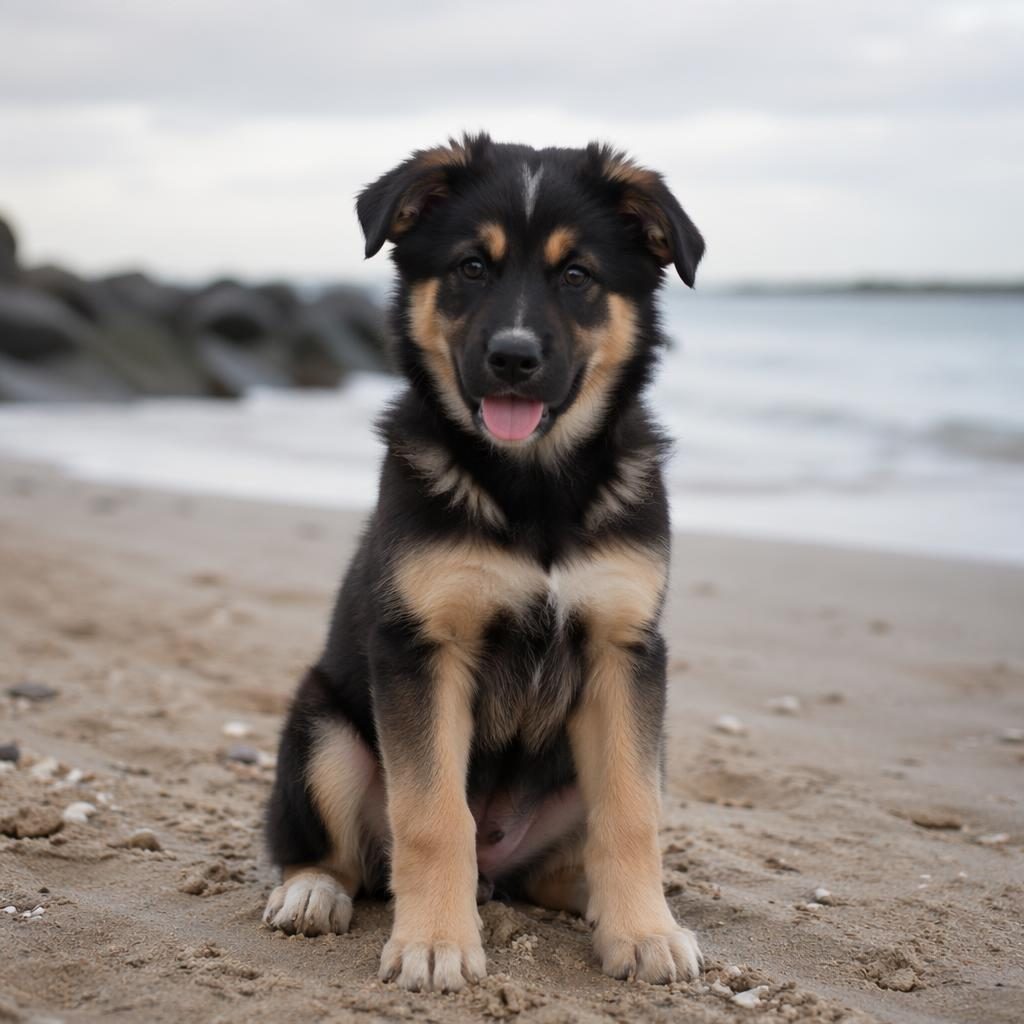 Ein einzelner, entspannter Welpen-Hundemix im Studio am Strand mit weichem Licht, gepflegtem Fell und fotorealistischer Fellstruktur.