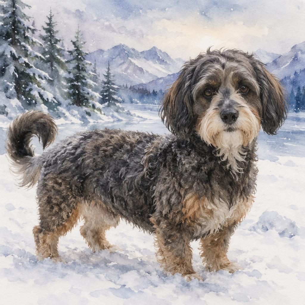 Single adult doxiepoo-style hybrid dog in watercolor, standing in snow with unusual coat, relaxed expression and soft light