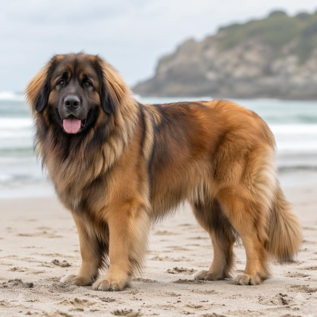 Ein einzelner, freundlicher Mischlingshund mit seltenem Fell am Strand, weich beleuchtet, entspannt und fotorealistisch.