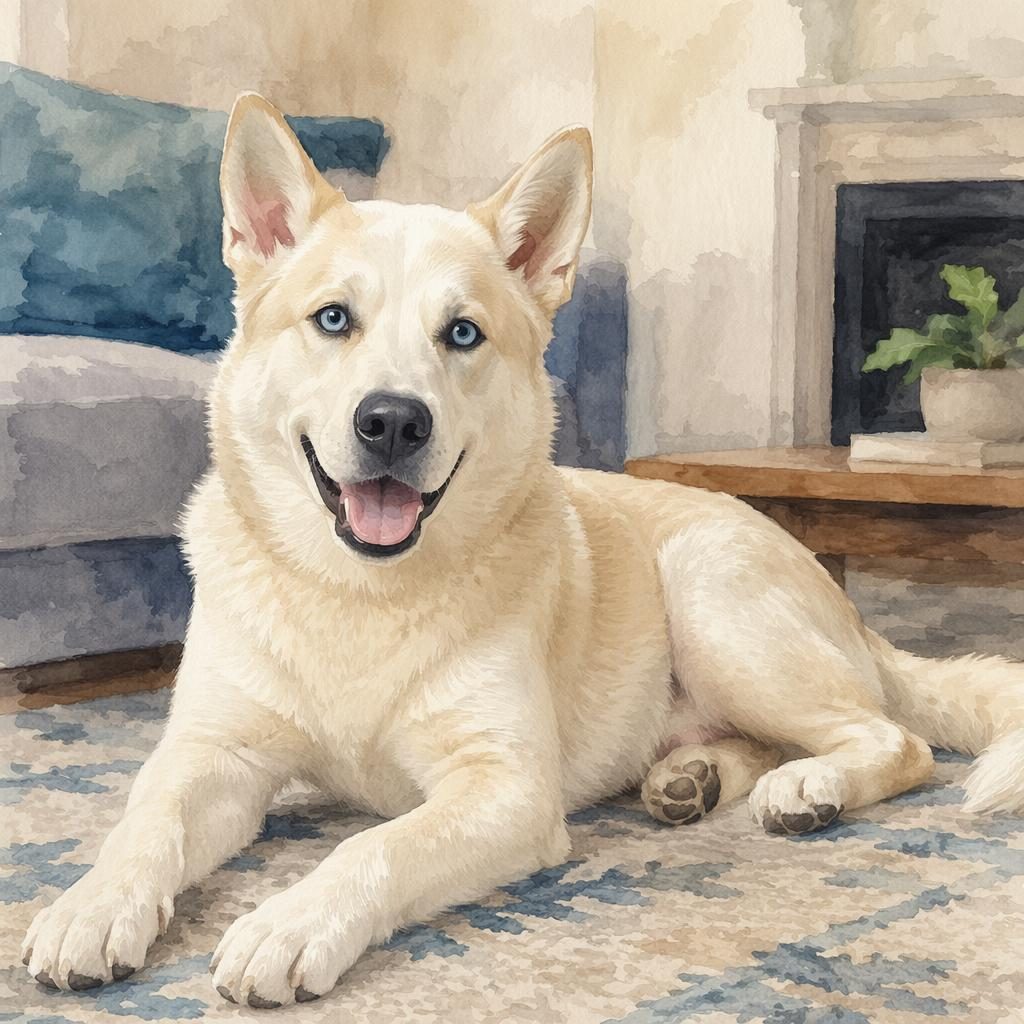 Watercolor-style portrait of a relaxed French Bulldog Samoyed mix dog in a cosy living room with soft natural light.