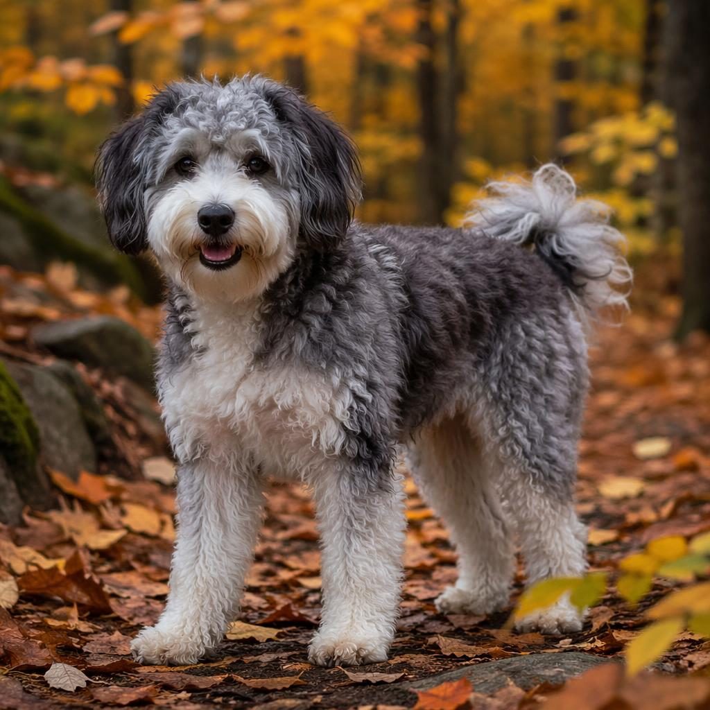 Chien croisé senior seul, style bichon caniche croisé, détendu en forêt d’automne, pelage réaliste et lumière douce.
