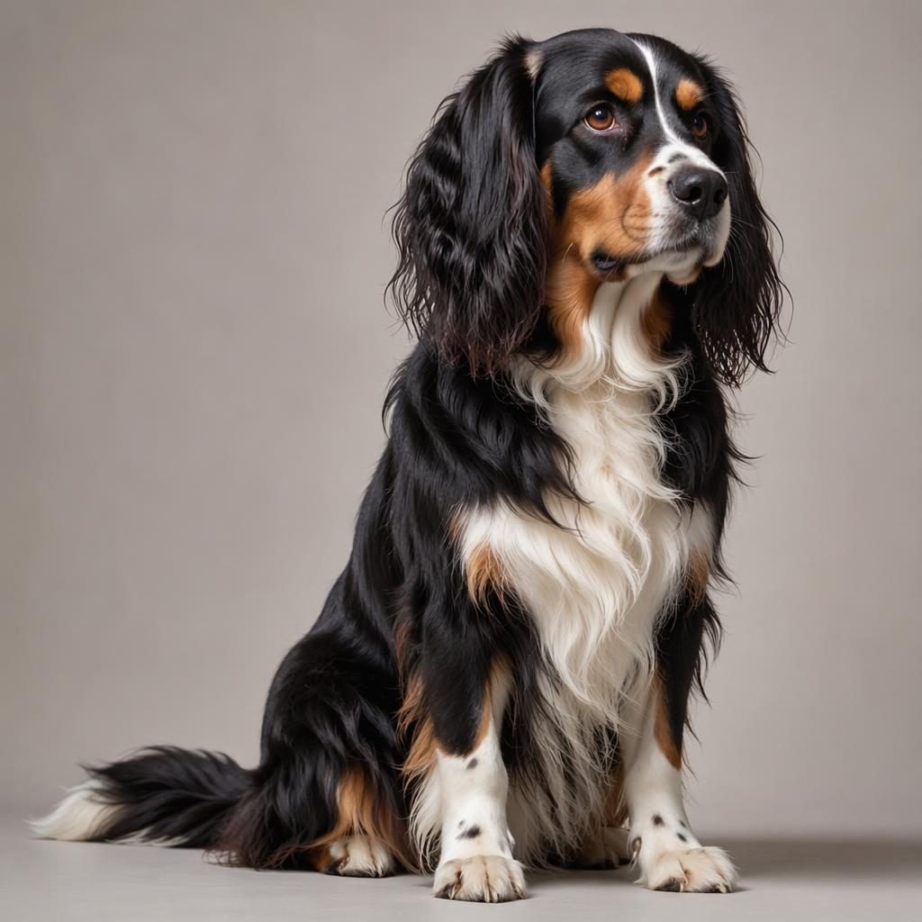 Ein einzelner erwachsener Hund als Malamute-Malteser-Mix im Editorial-Porträt vor neutralem Hintergrund.