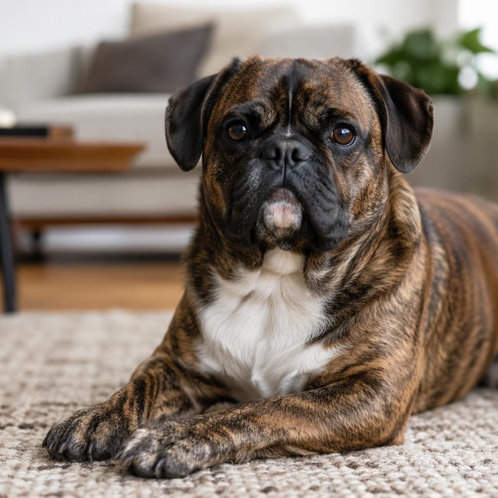 Ein einzelner senior Hund als franz bulldogge mops mix, entspannt im gemütlichen Wohnzimmer bei weichem Licht.