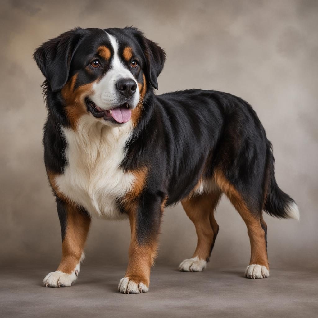 Photo-real illustration of a friendly adult hybrid dog with Saint Bernard and Pug traits on a soft neutral background.