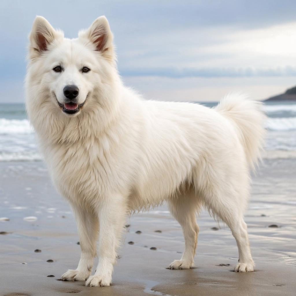 Ein einzelner, freundlicher Hund im Studio am Strand mit hellem Fell, weicher Beleuchtung und fotorealistischer Fellstruktur.