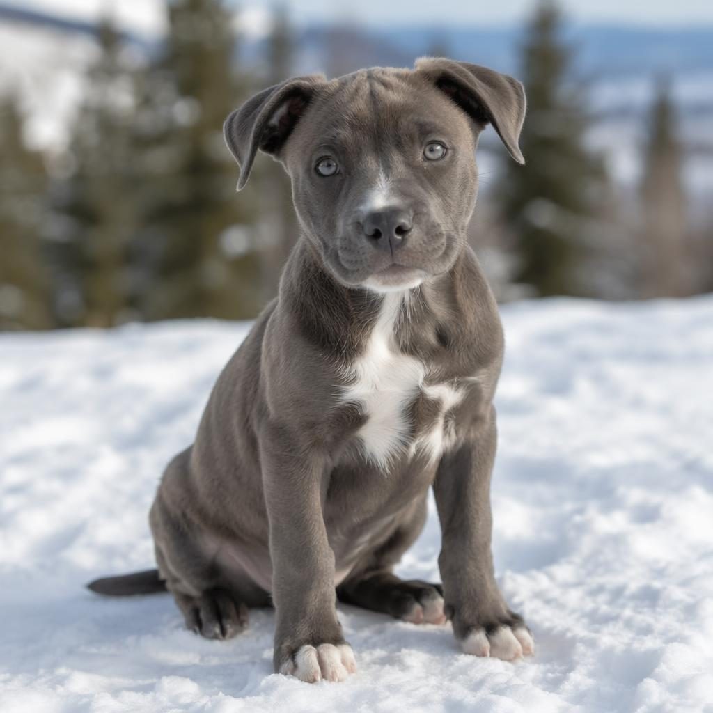 A single puppy resembling a lab and pit mix stands in a snowy landscape with soft light and realistic fur detail.