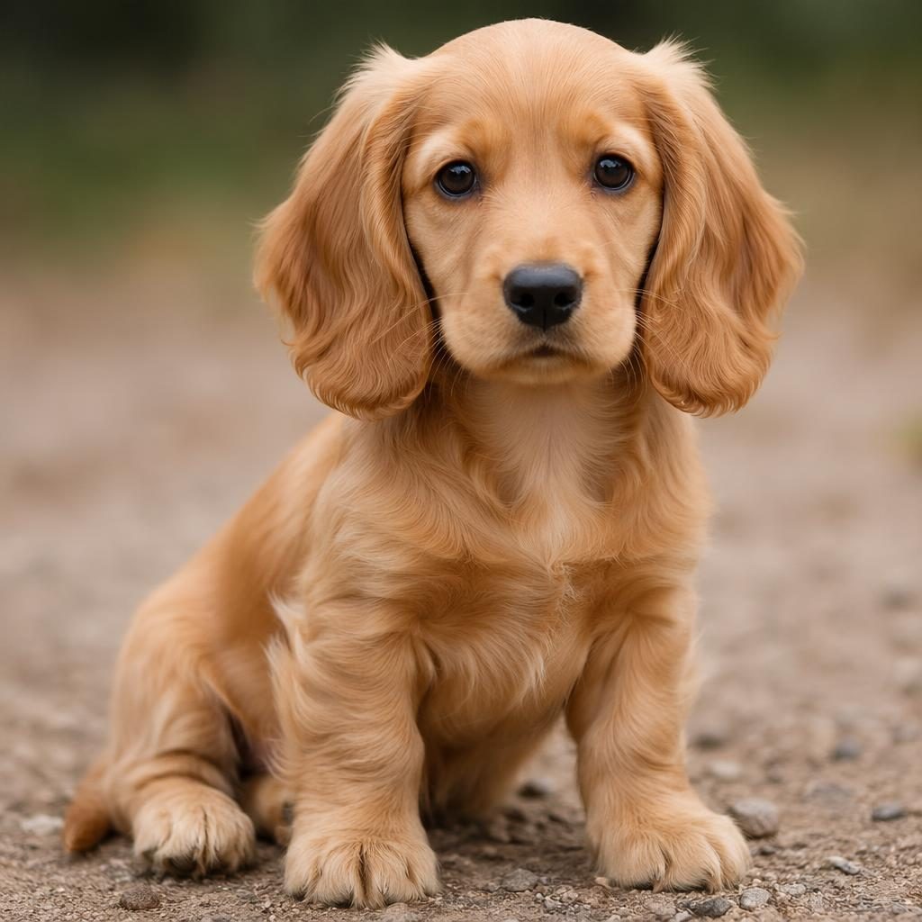 Single puppy dog outdoors with a friendly relaxed expression, soft neutral background, silky fur and sharp focus.