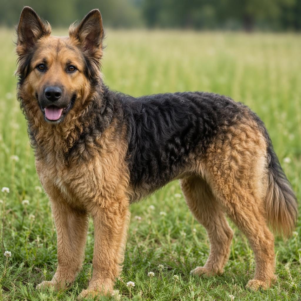 Illustration of a single young adult German shepherd poodle mix standing in a grass meadow, relaxed and well groomed.