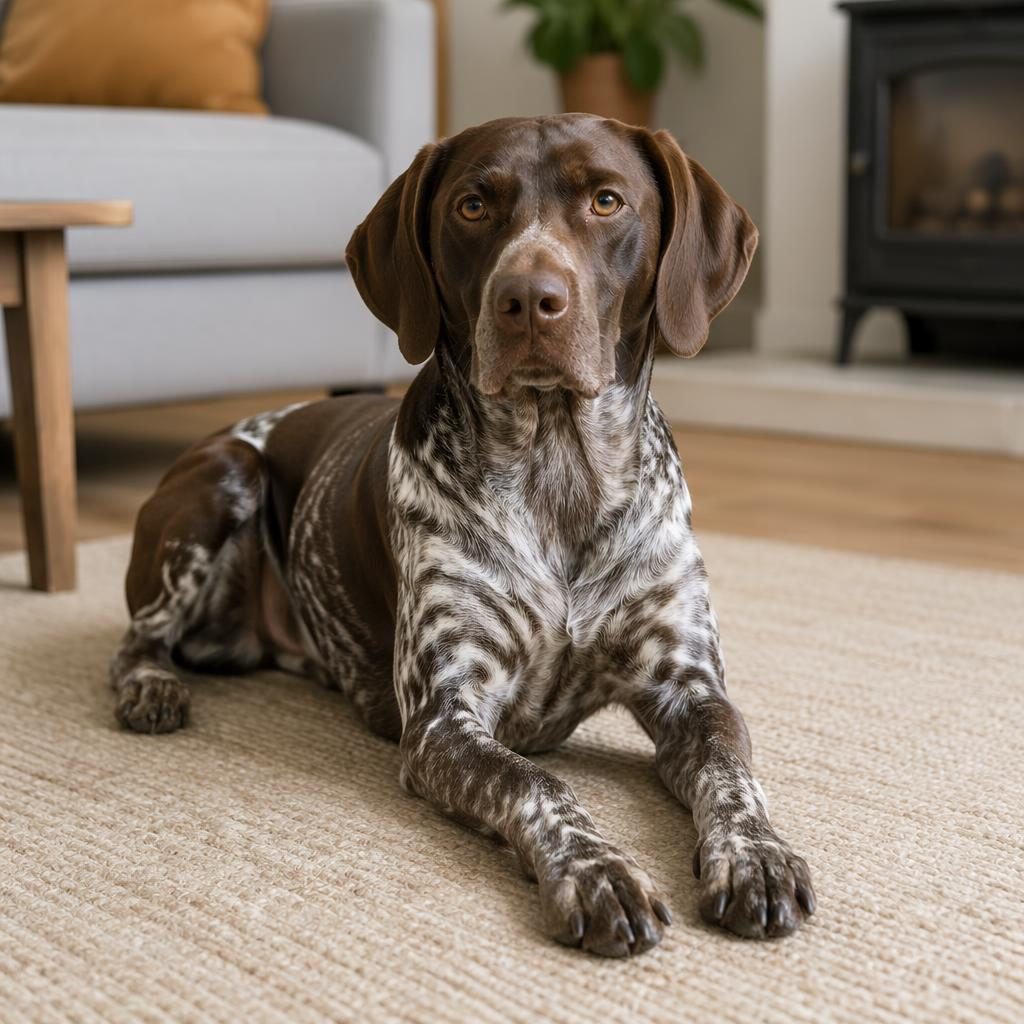 Photoreal illustration of a single friendly young adult dog in a cozy living room with soft light and sharp fur detail