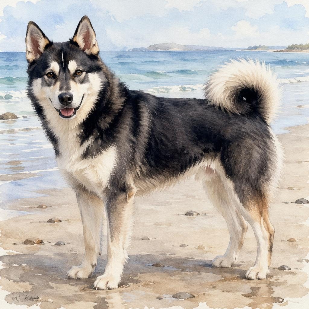 Ein einzelner freundlicher Mischhund im Aquarellstil am Strand, mit weichem Fell, natürlichem Licht und ruhiger Pose.