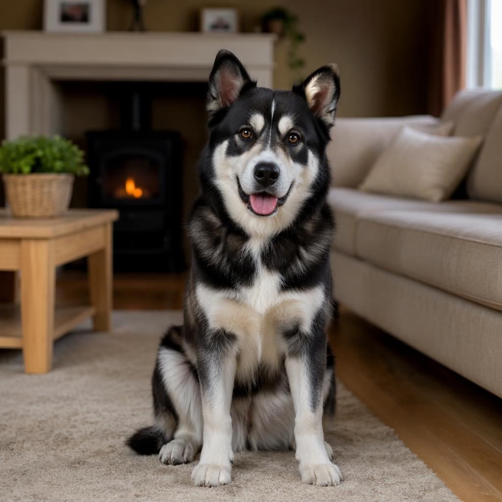 Junger Labrador-Husky-Mix als Einzelportrait im gemütlichen Wohnzimmer, freundlich, gepflegt, mit weichem Naturlicht